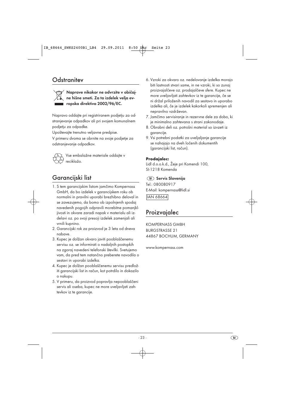 Odstranitev, Garancijski list, Proizvajalec | Silvercrest SWKS 2400 B1 User Manual | Page 25 / 43