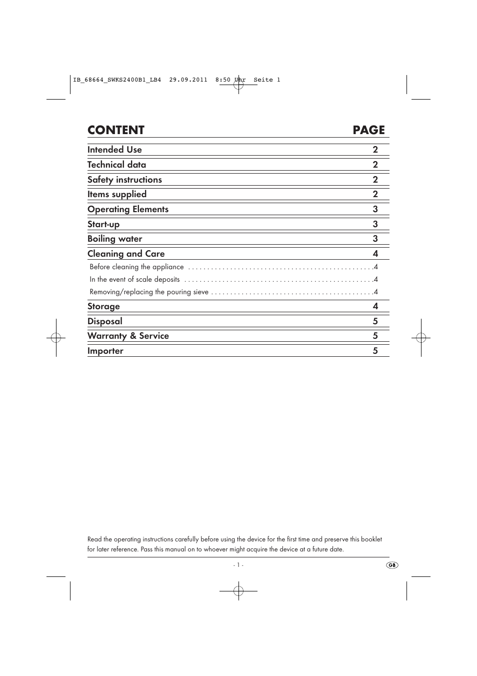 Content page | Silvercrest SWKS 2400 B1 User Manual | Page 3 / 43