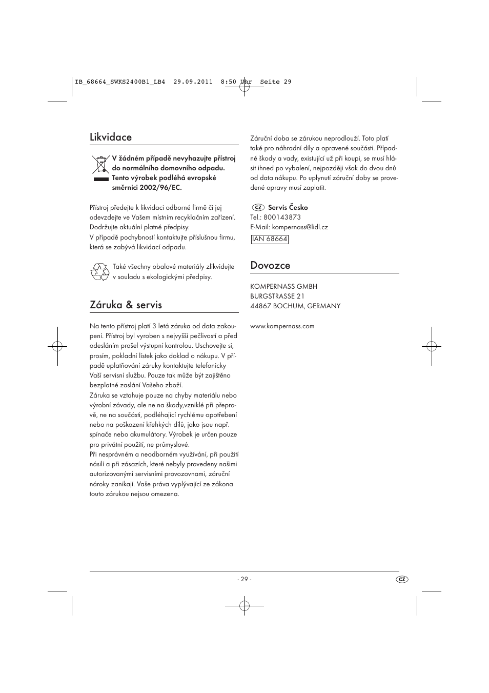 Likvidace, Záruka & servis, Dovozce | Silvercrest SWKS 2400 B1 User Manual | Page 31 / 43