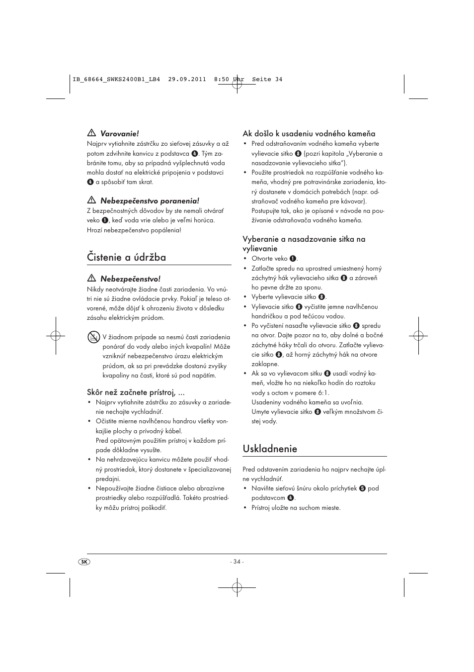 Čistenie a údržba, Uskladnenie | Silvercrest SWKS 2400 B1 User Manual | Page 36 / 43