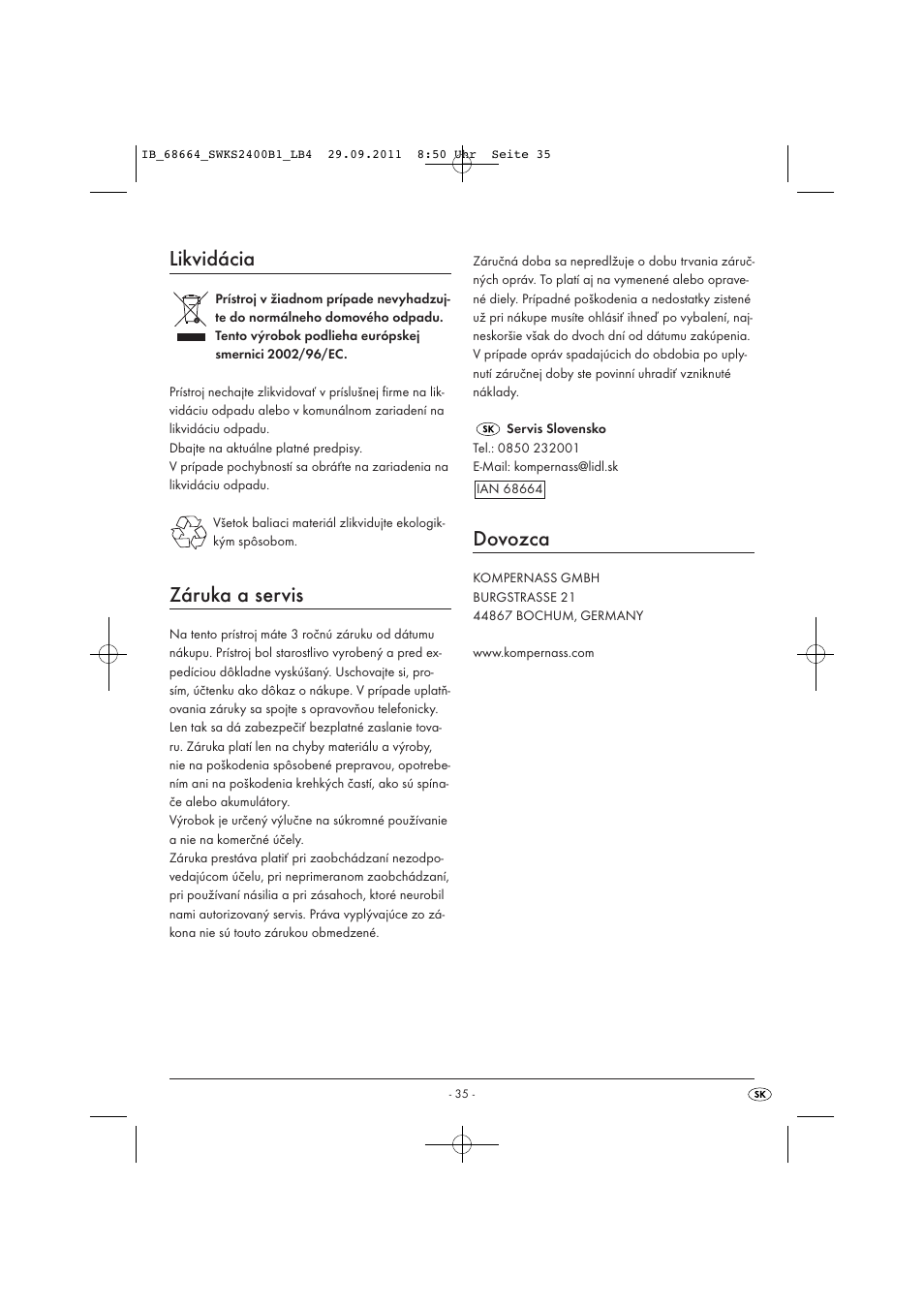 Likvidácia, Záruka a servis, Dovozca | Silvercrest SWKS 2400 B1 User Manual | Page 37 / 43