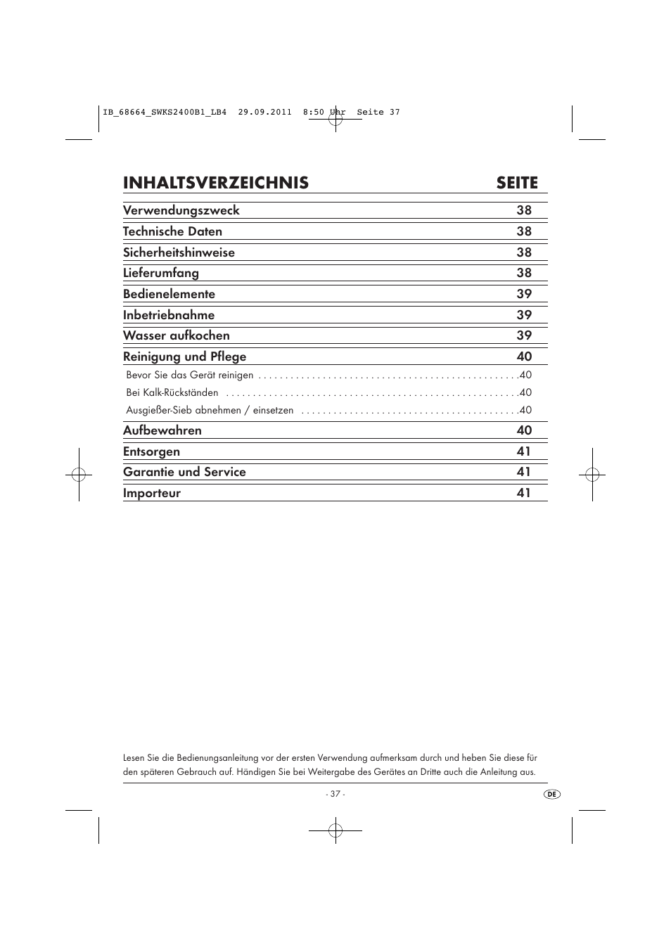 Inhaltsverzeichnis seite | Silvercrest SWKS 2400 B1 User Manual | Page 39 / 43