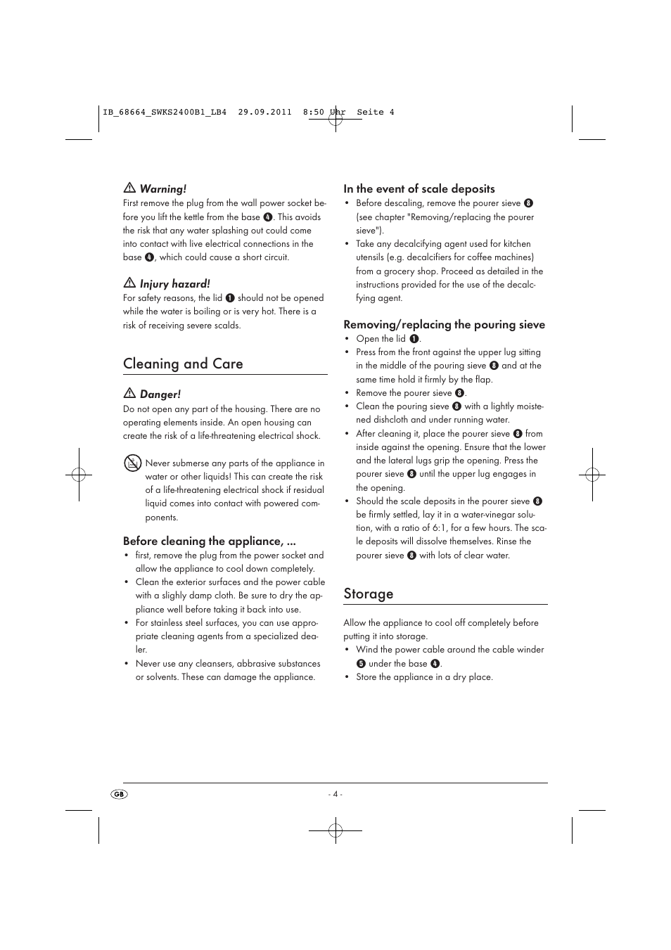 Cleaning and care, Storage | Silvercrest SWKS 2400 B1 User Manual | Page 6 / 43