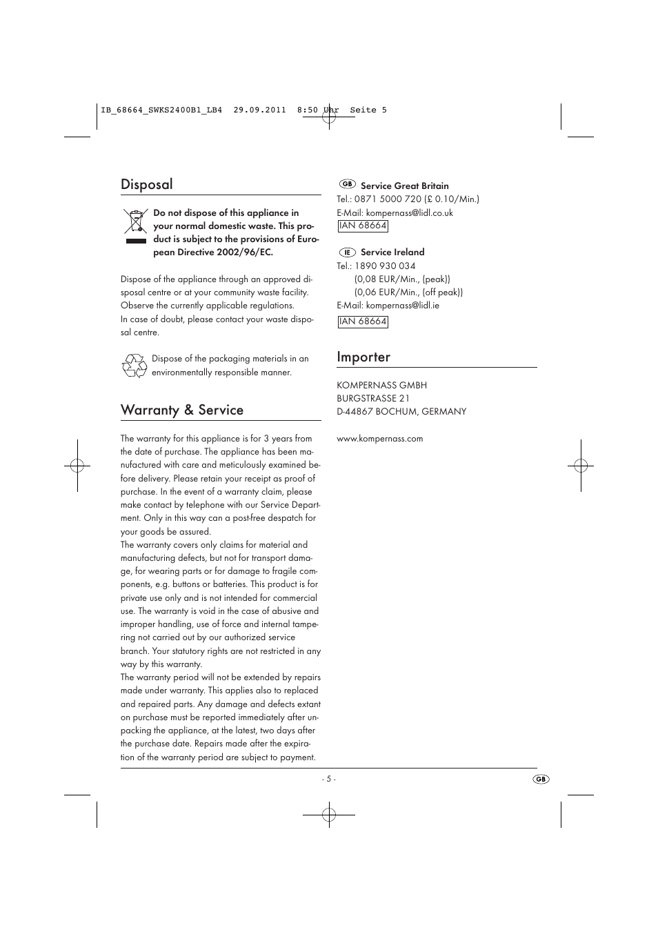 Disposal, Warranty & service, Importer | Silvercrest SWKS 2400 B1 User Manual | Page 7 / 43