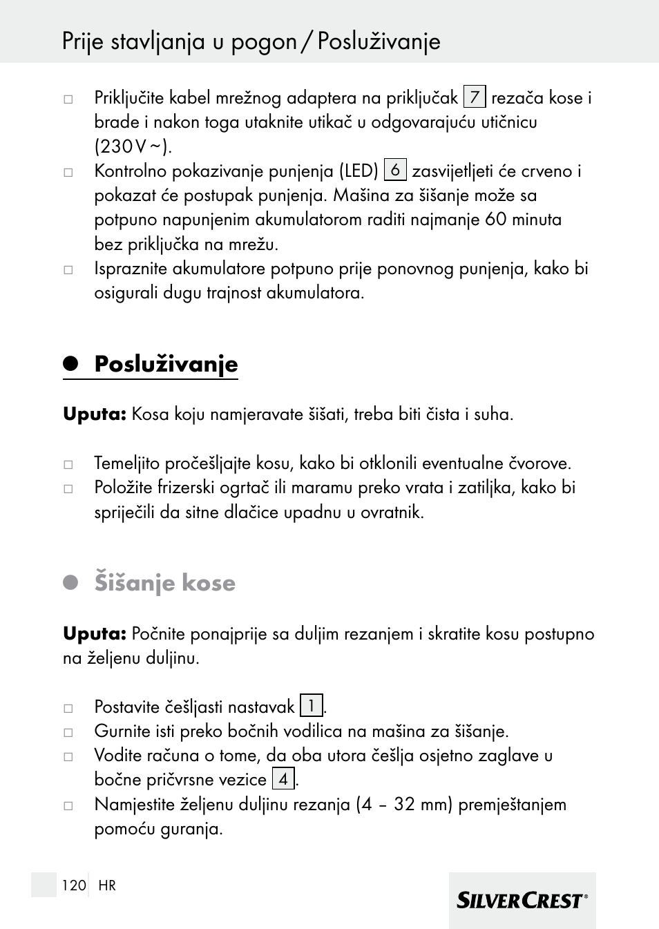 Prije stavljanja u pogon / posluživanje, Posluživanje, Šišanje kose | Silvercrest 7133016 User Manual | Page 120 / 149