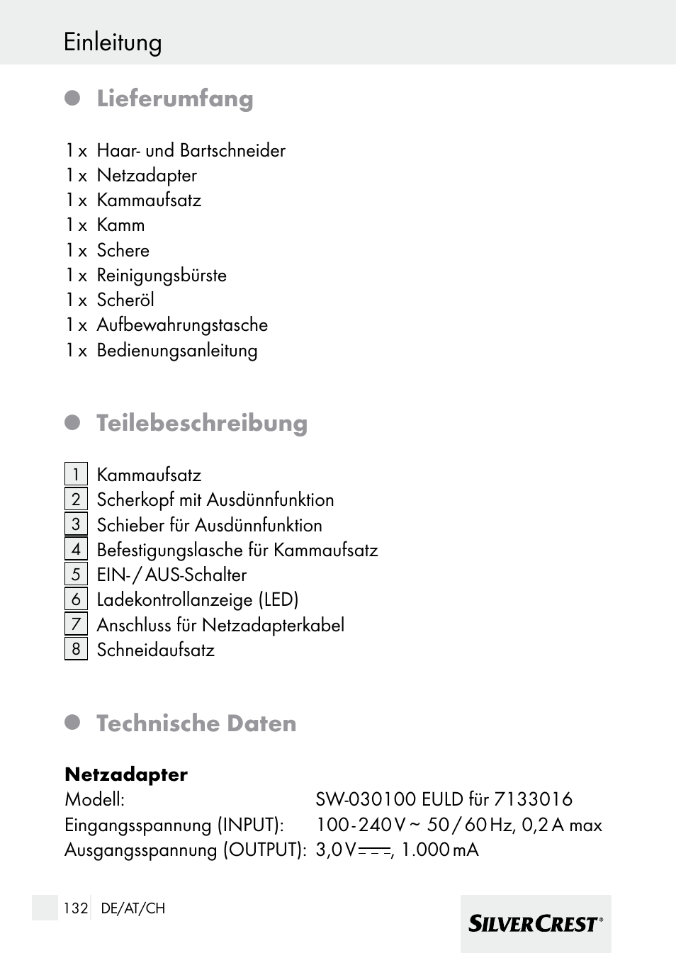 Einleitung, Lieferumfang, Teilebeschreibung | Technische daten | Silvercrest 7133016 User Manual | Page 132 / 149