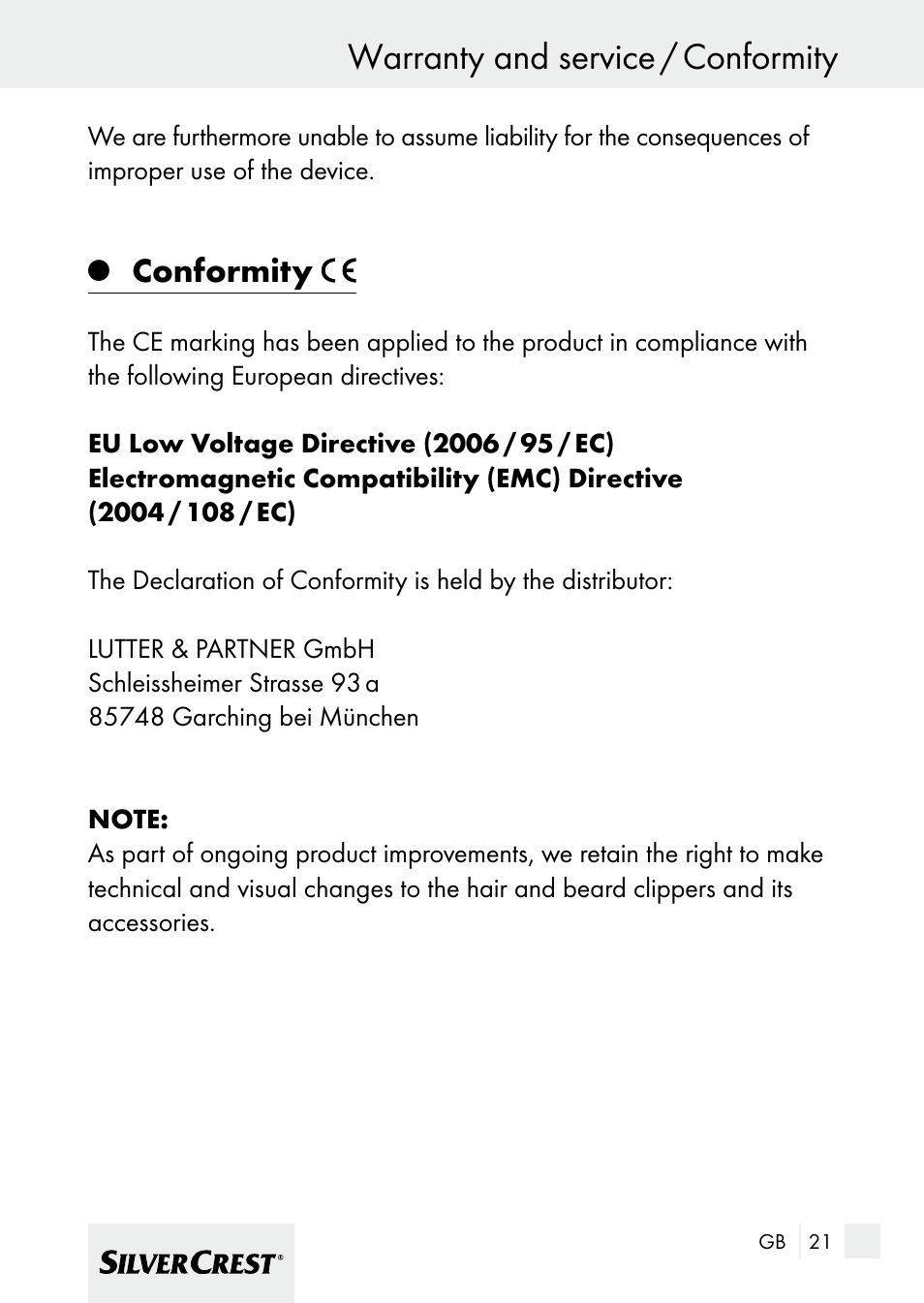 Warranty and service / conformity, Conformity | Silvercrest 7133016 User Manual | Page 21 / 149