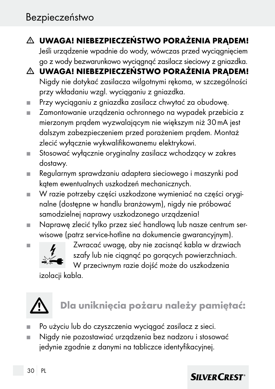 Bezpieczeństwo, Dla uniknięcia pożaru należy pamiętać | Silvercrest 7133016 User Manual | Page 30 / 149