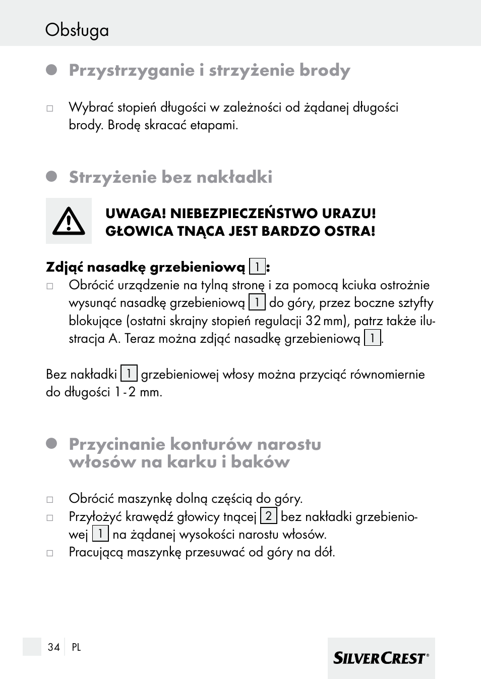 Obsługa, Przystrzyganie i strzyżenie brody, Strzyżenie bez nakładki | Silvercrest 7133016 User Manual | Page 34 / 149