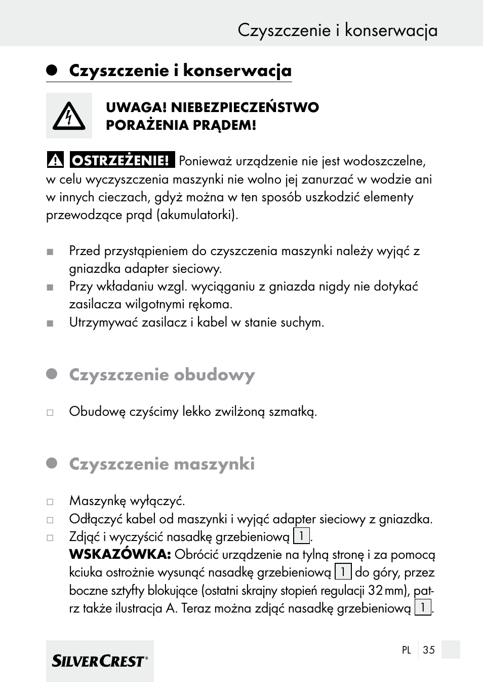 Czyszczenie i konserwacja, Czyszczenie obudowy, Czyszczenie maszynki | Silvercrest 7133016 User Manual | Page 35 / 149