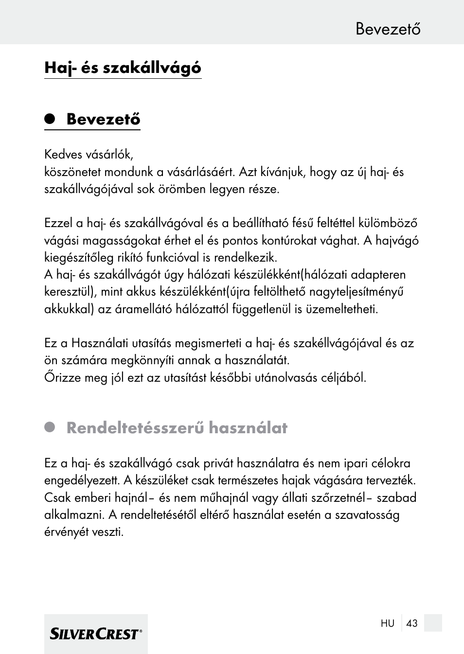 Bevezető, Haj- és szakállvágó, Rendeltetésszerű használat | Silvercrest 7133016 User Manual | Page 43 / 149