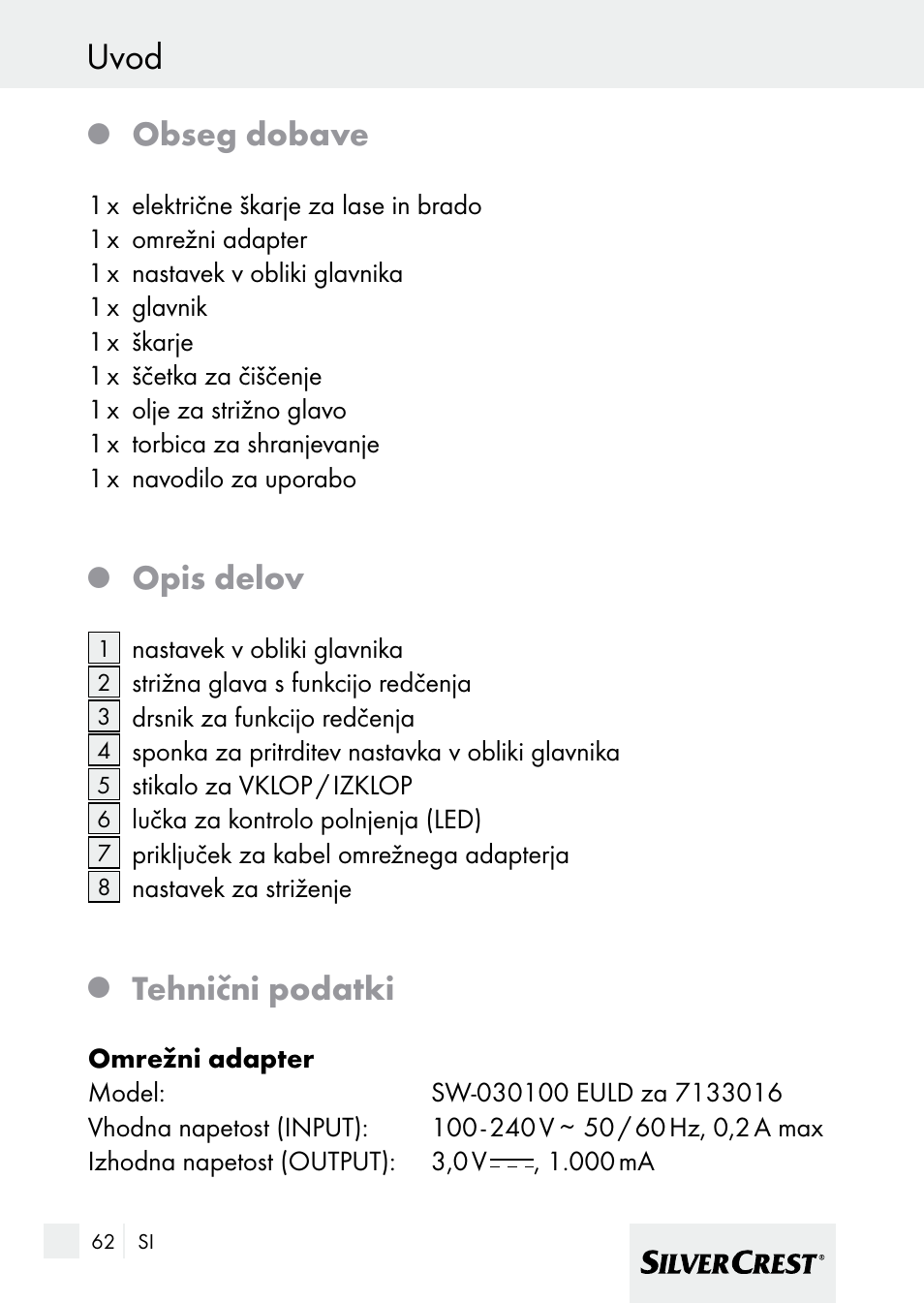 Uvod, Obseg dobave, Opis delov | Tehnični podatki | Silvercrest 7133016 User Manual | Page 62 / 149