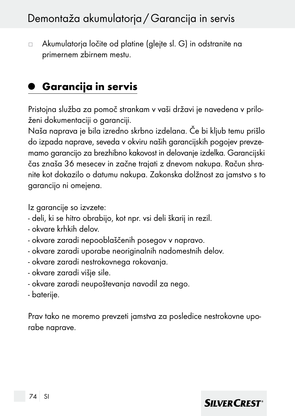 Demontaža akumulatorja / garancija in servis, Garancija in servis | Silvercrest 7133016 User Manual | Page 74 / 149