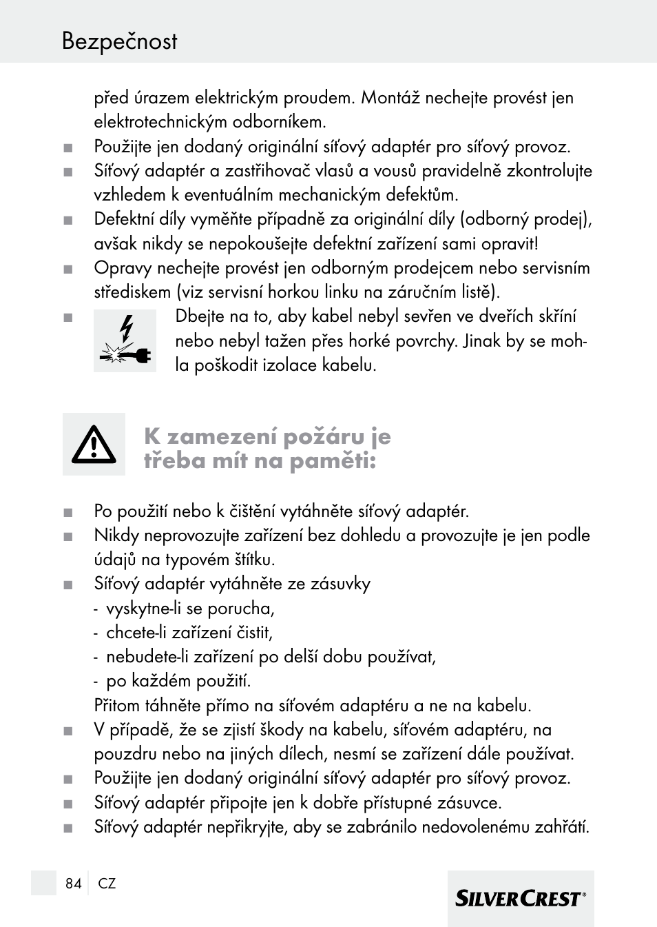 Bezpečnost, K zamezení požáru je třeba mít na paměti | Silvercrest 7133016 User Manual | Page 84 / 149