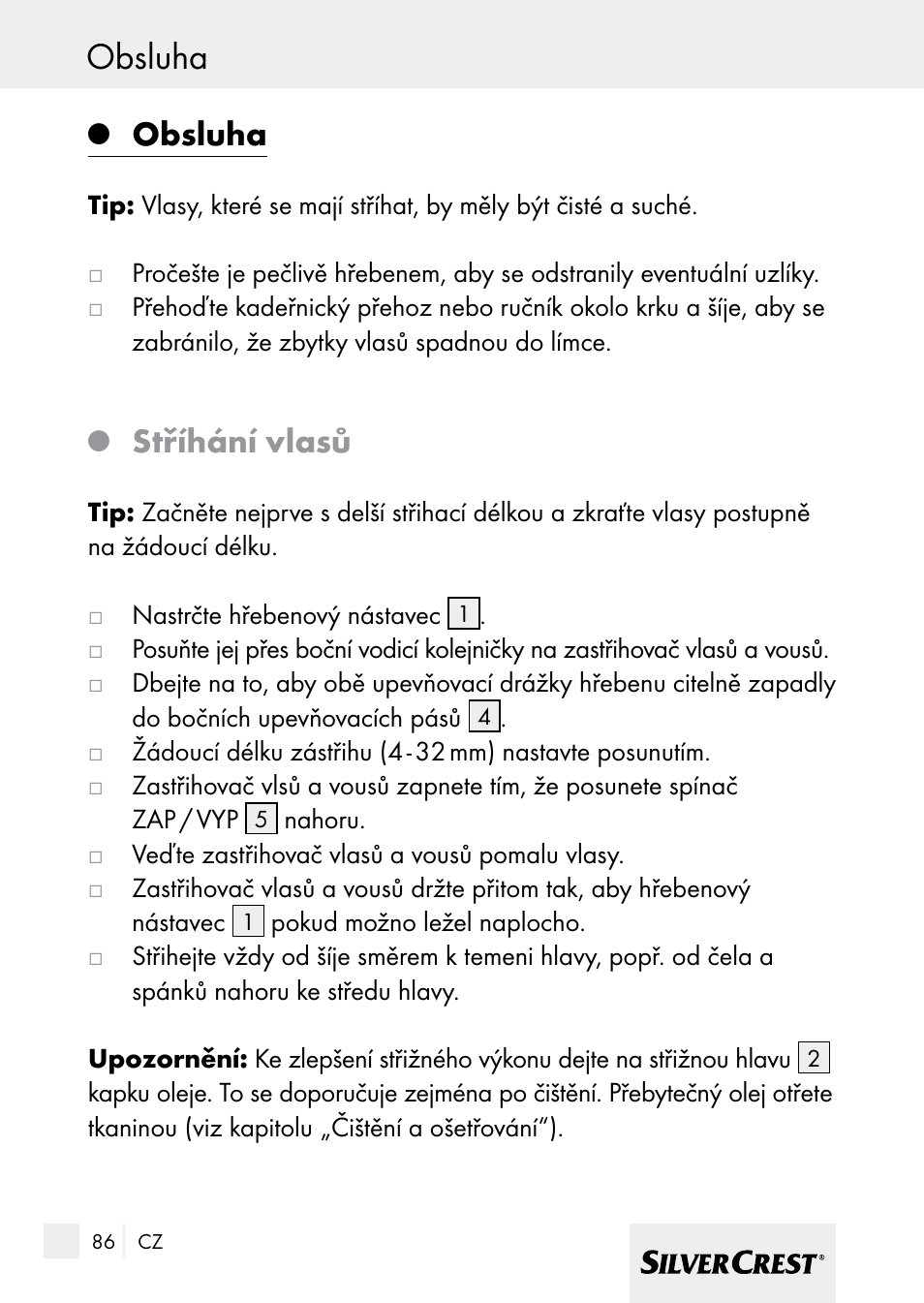 Obsluha, Stříhání vlasů | Silvercrest 7133016 User Manual | Page 86 / 149