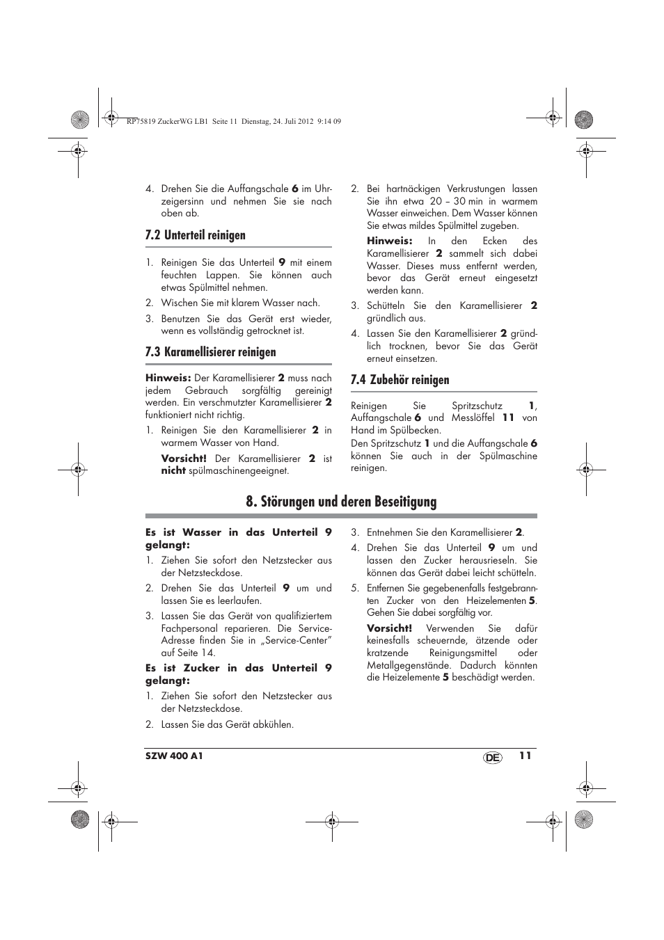 Störungen und deren beseitigung, 2 unterteil reinigen, 3 karamellisierer reinigen | 4 zubehör reinigen | Silvercrest SZW 400 A1 User Manual | Page 13 / 66