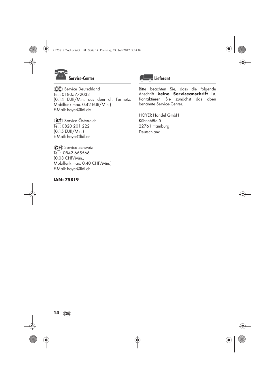 Service-center, Lieferant | Silvercrest SZW 400 A1 User Manual | Page 16 / 66