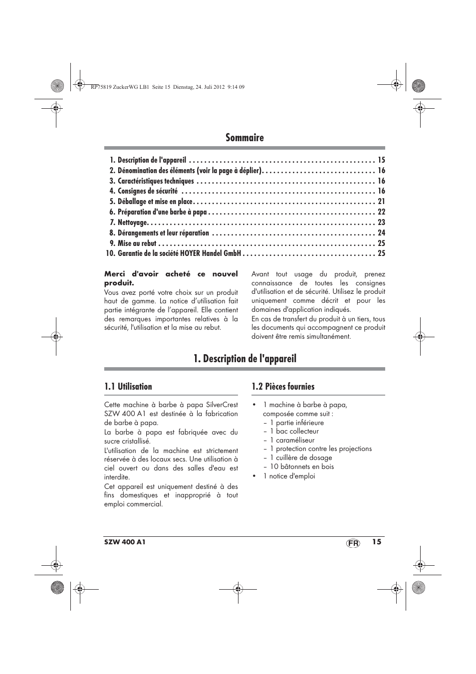 Sommaire, Description de l'appareil | Silvercrest SZW 400 A1 User Manual | Page 17 / 66