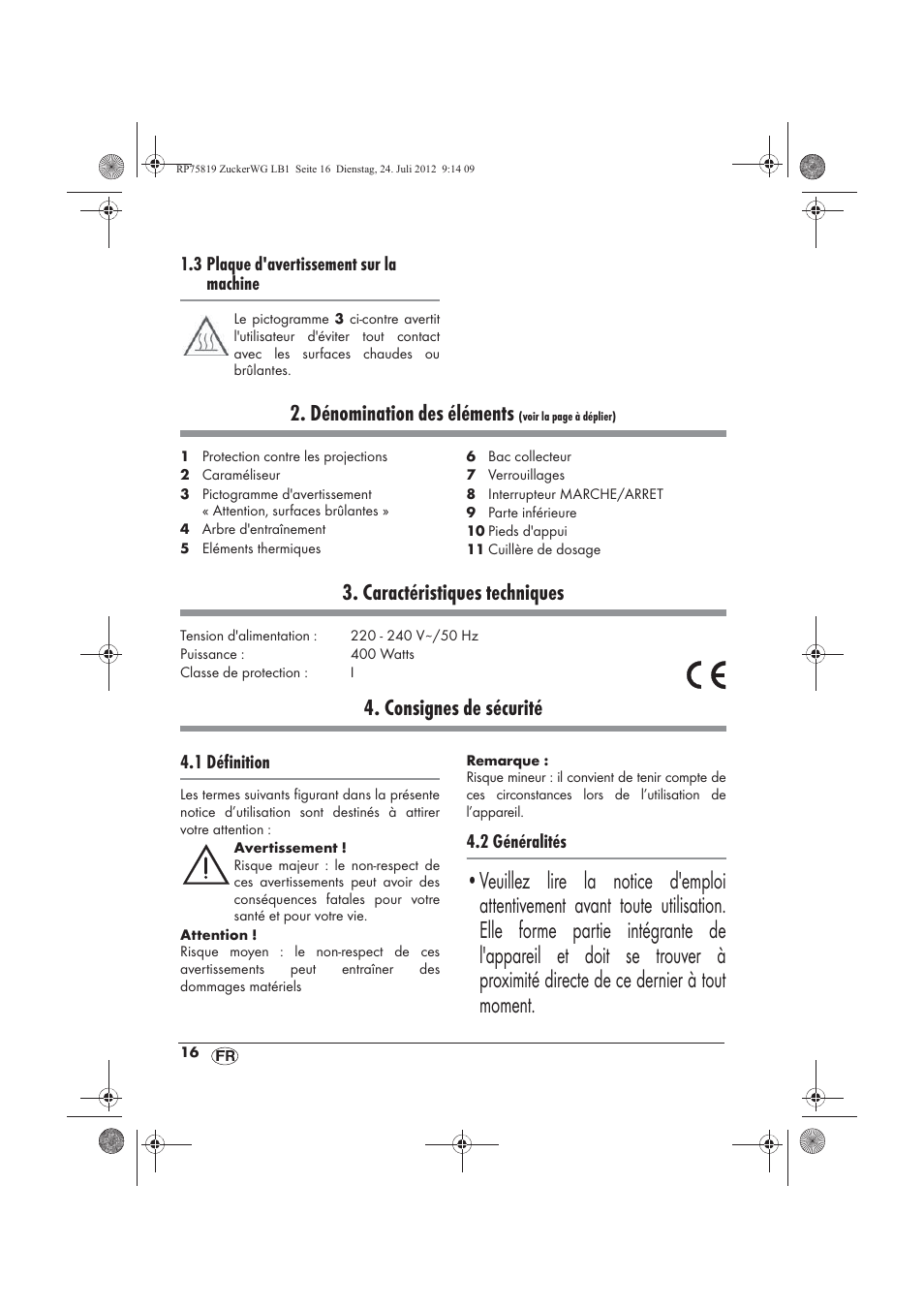 Dénomination des éléments, Caractéristiques techniques, Consignes de sécurité | Silvercrest SZW 400 A1 User Manual | Page 18 / 66