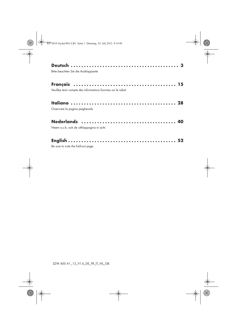 Deutsch, Français, Italiano | Nederlands, English | Silvercrest SZW 400 A1 User Manual | Page 2 / 66