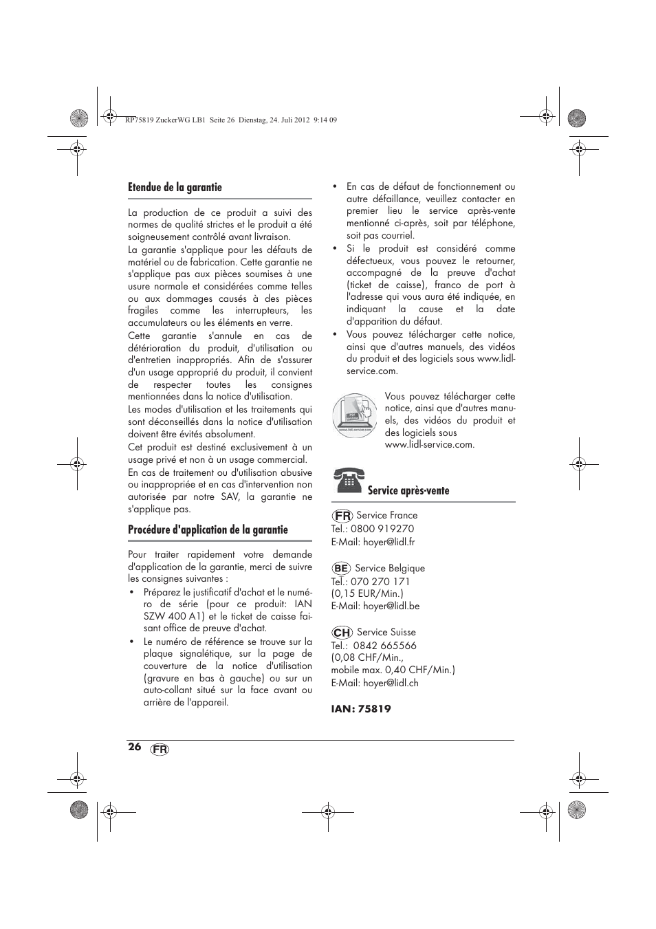 Etendue de la garantie, Procédure d'application de la garantie, Service après-vente | Silvercrest SZW 400 A1 User Manual | Page 28 / 66