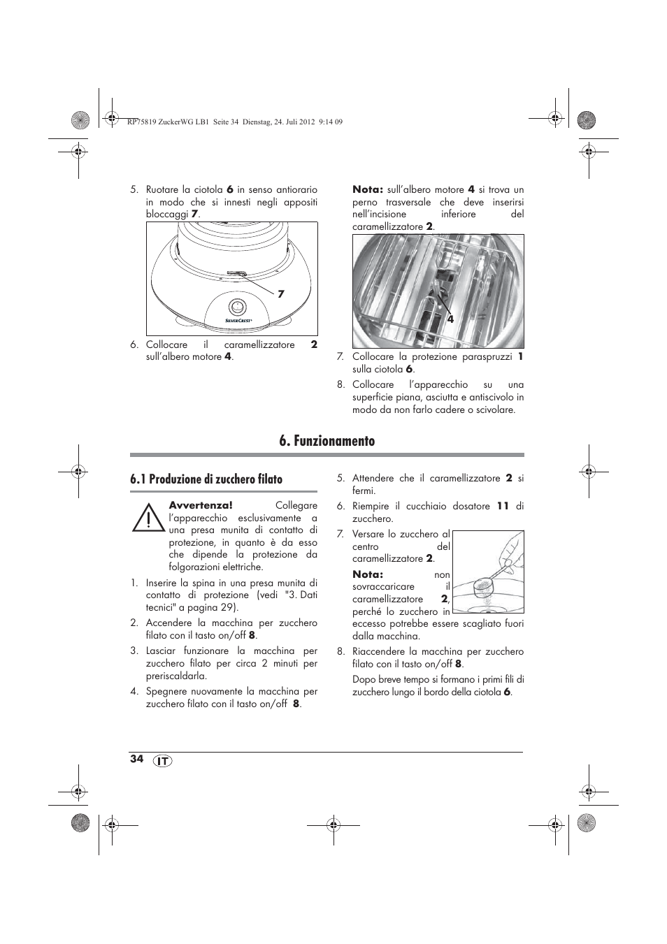 Funzionamento, 1 produzione di zucchero filato | Silvercrest SZW 400 A1 User Manual | Page 36 / 66