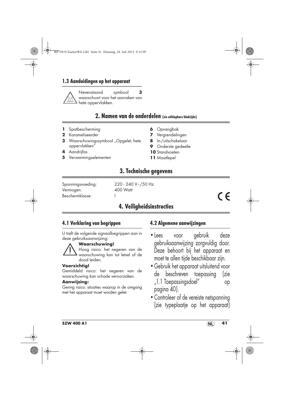 Namen van de onderdelen, Technische gegevens, Veiligheidsinstructies | Silvercrest SZW 400 A1 User Manual | Page 43 / 66