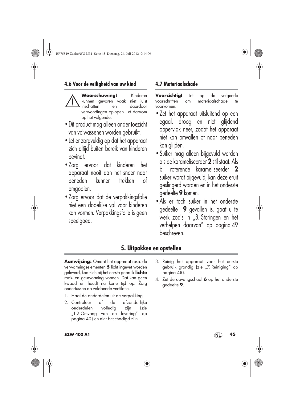 Uitpakken en opstellen | Silvercrest SZW 400 A1 User Manual | Page 47 / 66