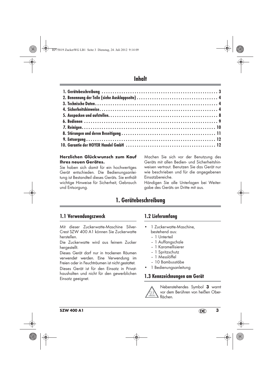 Inhalt, Gerätebeschreibung | Silvercrest SZW 400 A1 User Manual | Page 5 / 66