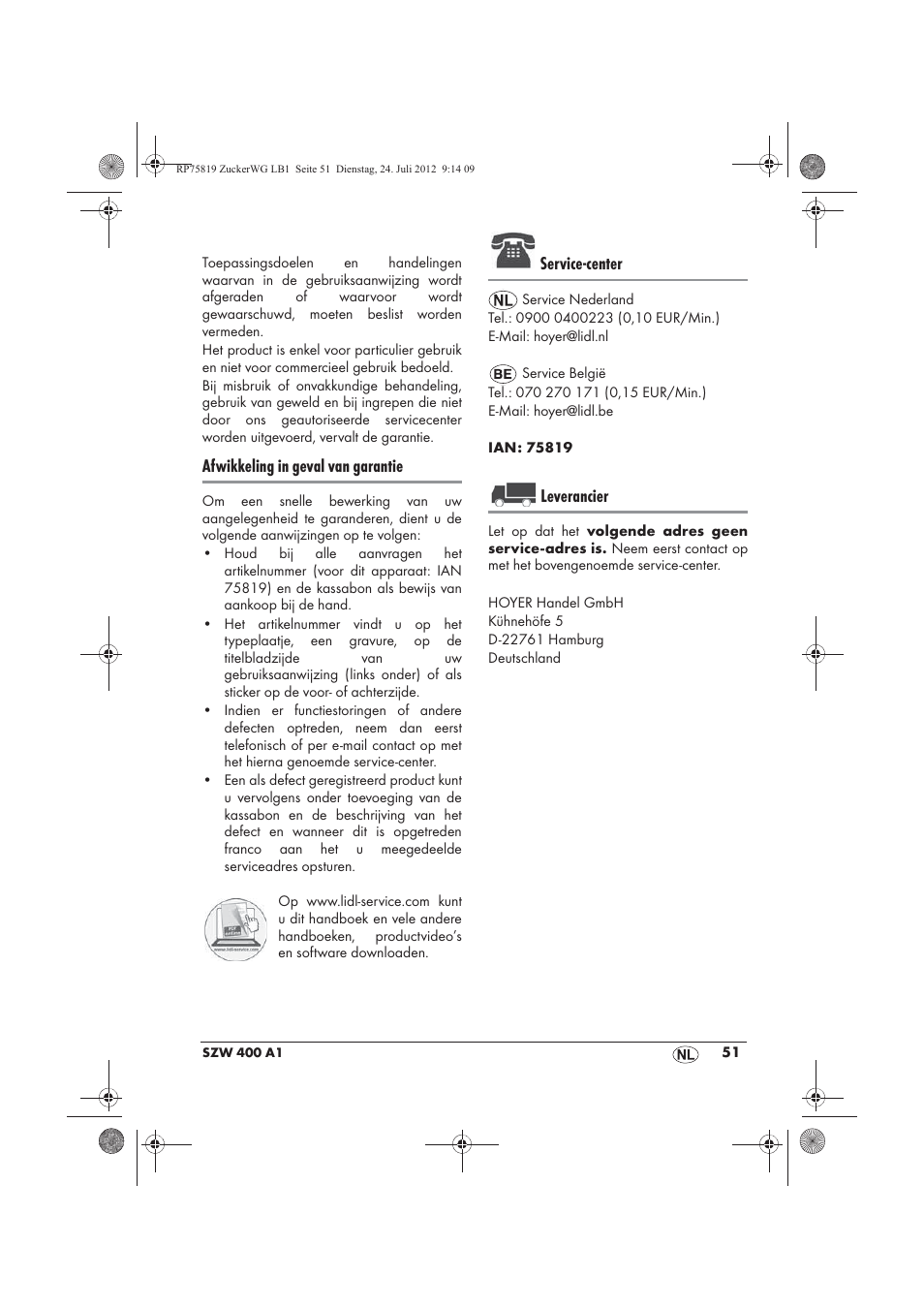 Afwikkeling in geval van garantie, Service-center, Leverancier | Silvercrest SZW 400 A1 User Manual | Page 53 / 66