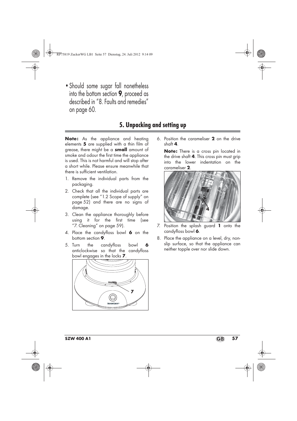 Unpacking and setting up | Silvercrest SZW 400 A1 User Manual | Page 59 / 66