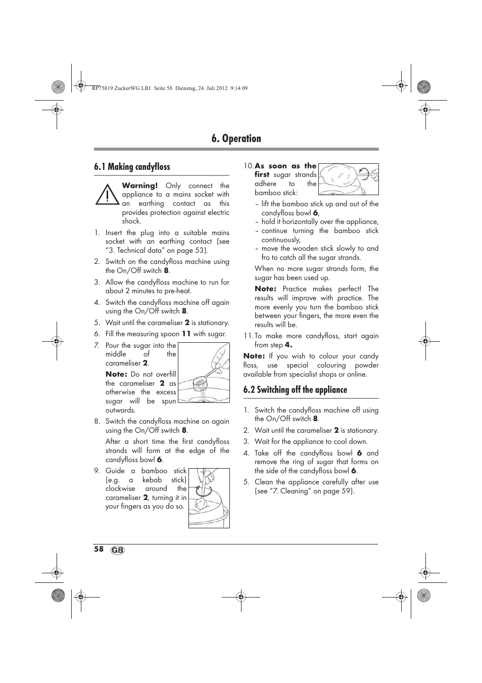 Operation, 1 making candyfloss, 2 switching off the appliance | Silvercrest SZW 400 A1 User Manual | Page 60 / 66