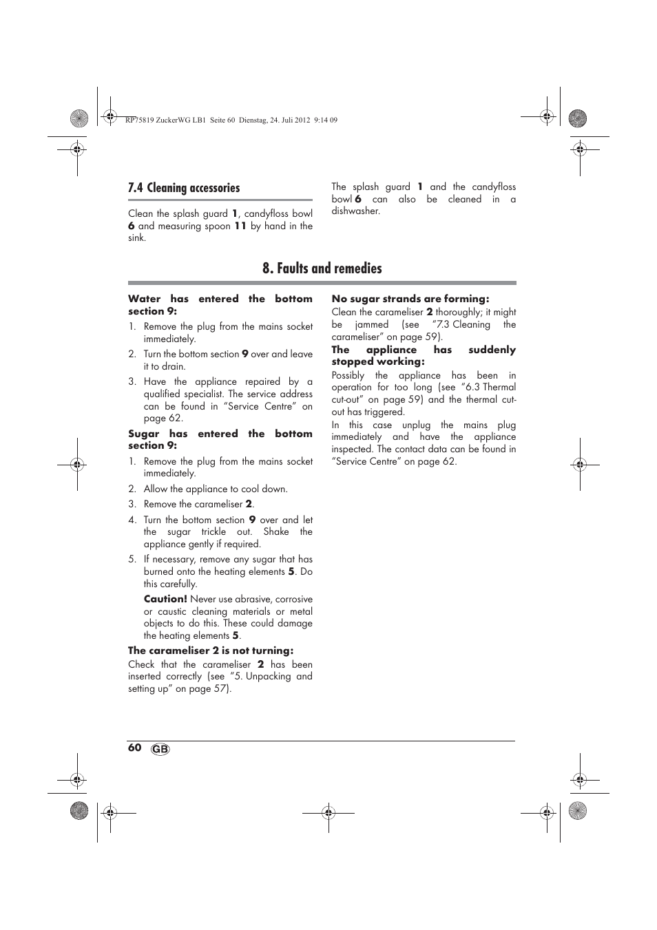 Faults and remedies, 4 cleaning accessories | Silvercrest SZW 400 A1 User Manual | Page 62 / 66