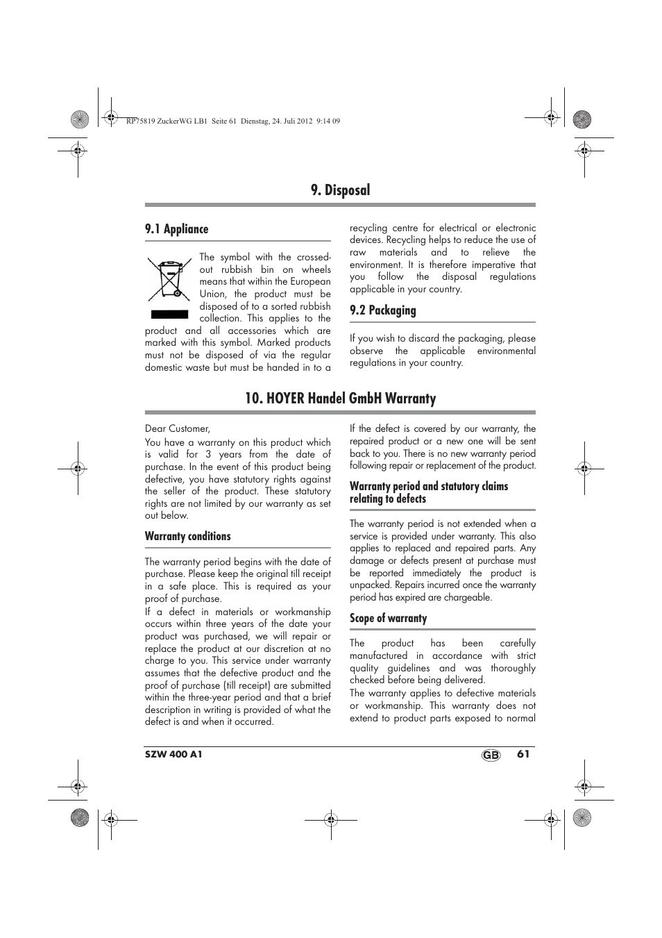 Disposal, Hoyer handel gmbh warranty | Silvercrest SZW 400 A1 User Manual | Page 63 / 66