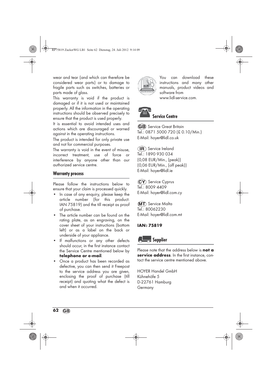 Warranty process, Service centre, Supplier | Silvercrest SZW 400 A1 User Manual | Page 64 / 66