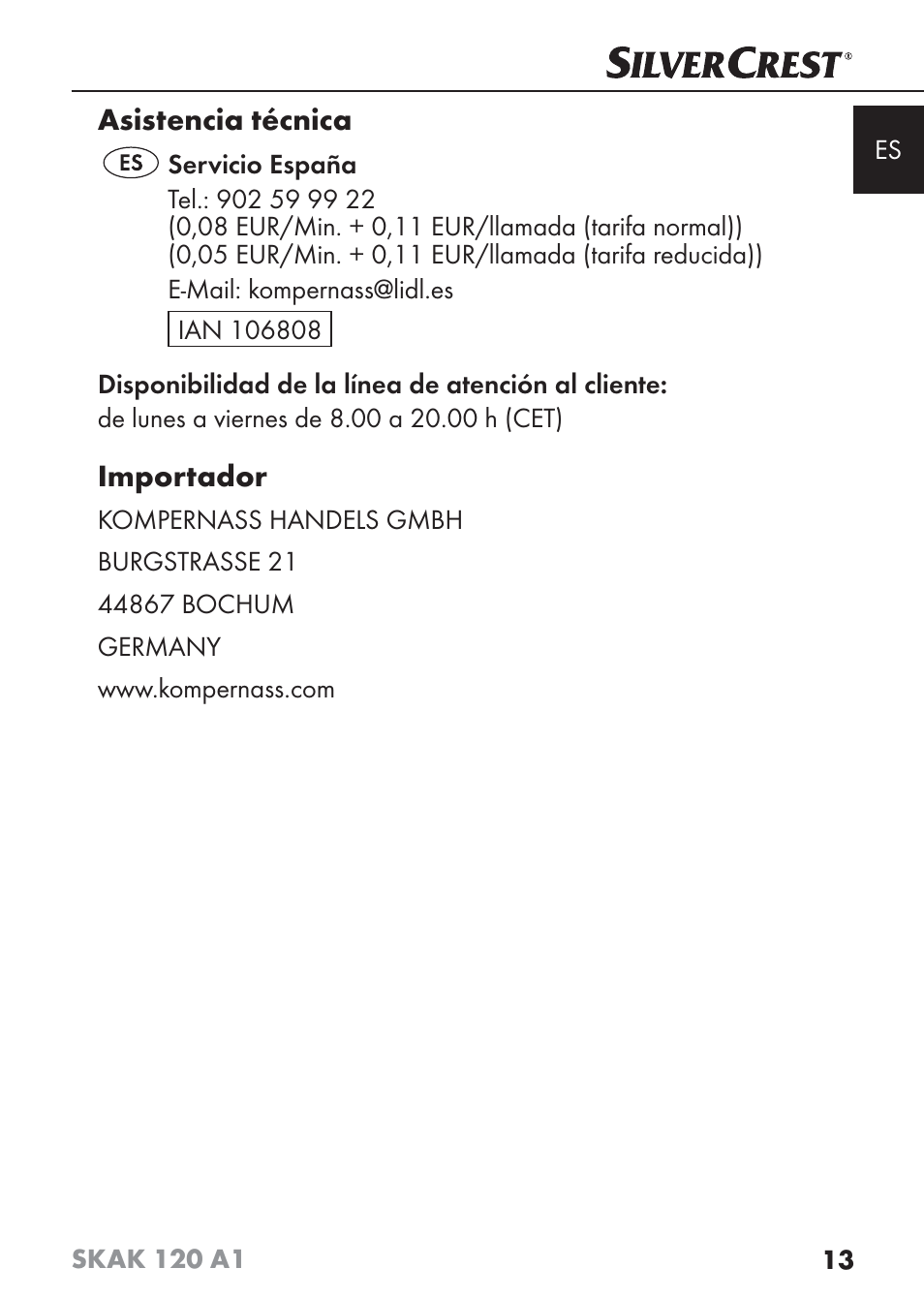 Asistencia técnica, Importador | Silvercrest SKAK 120 A1 User Manual | Page 16 / 59