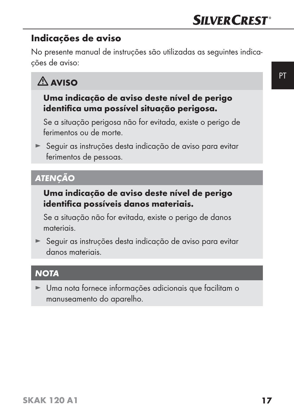 Indicações de aviso | Silvercrest SKAK 120 A1 User Manual | Page 20 / 59