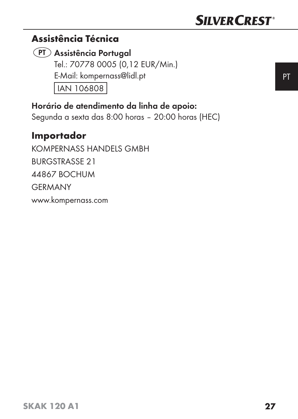 Assistência técnica, Importador | Silvercrest SKAK 120 A1 User Manual | Page 30 / 59
