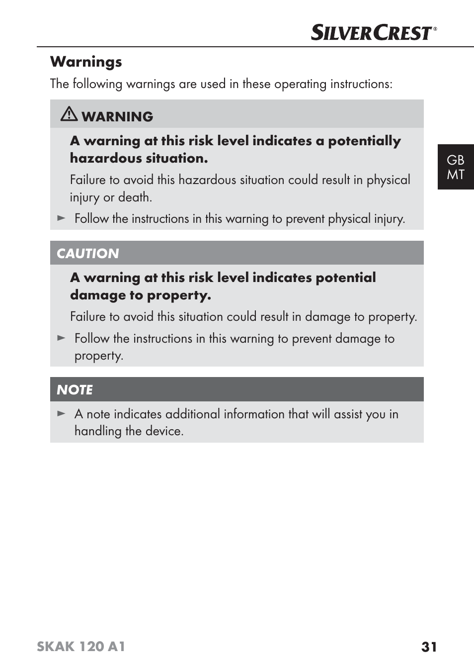 Warnings | Silvercrest SKAK 120 A1 User Manual | Page 34 / 59