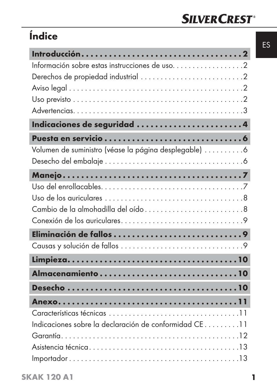 Índice | Silvercrest SKAK 120 A1 User Manual | Page 4 / 59