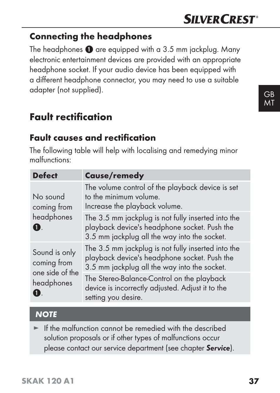 Fault rectiﬁ cation | Silvercrest SKAK 120 A1 User Manual | Page 40 / 59