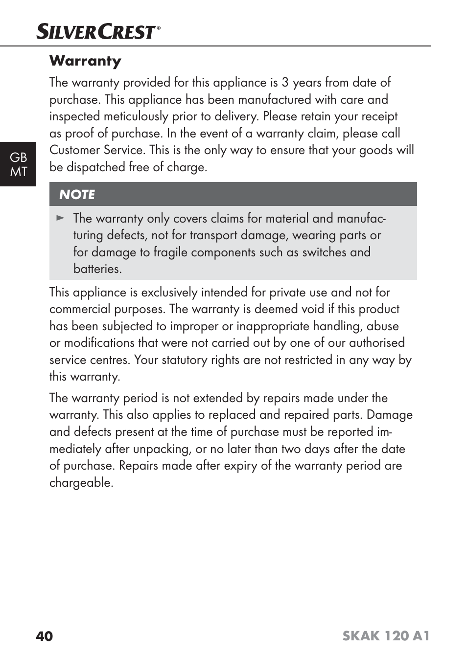 Warranty | Silvercrest SKAK 120 A1 User Manual | Page 43 / 59