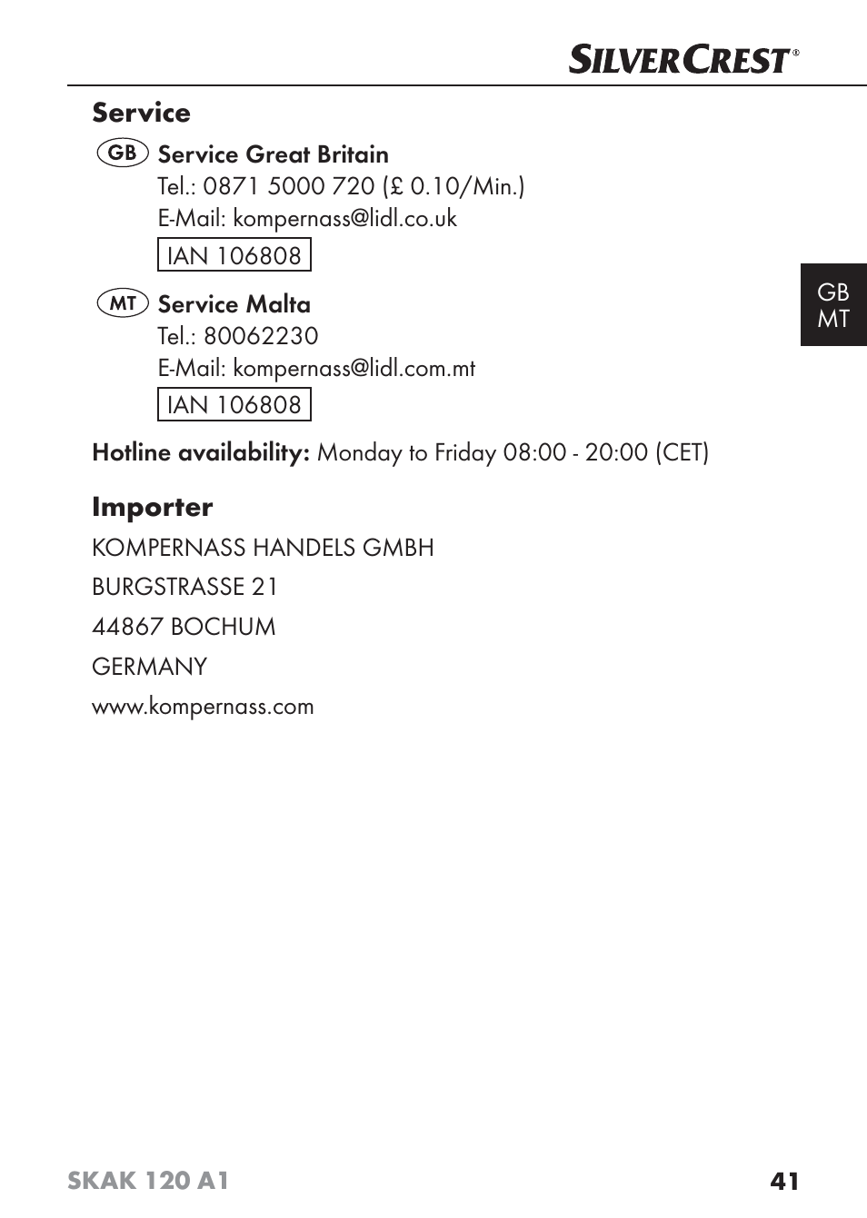 Service, Importer | Silvercrest SKAK 120 A1 User Manual | Page 44 / 59