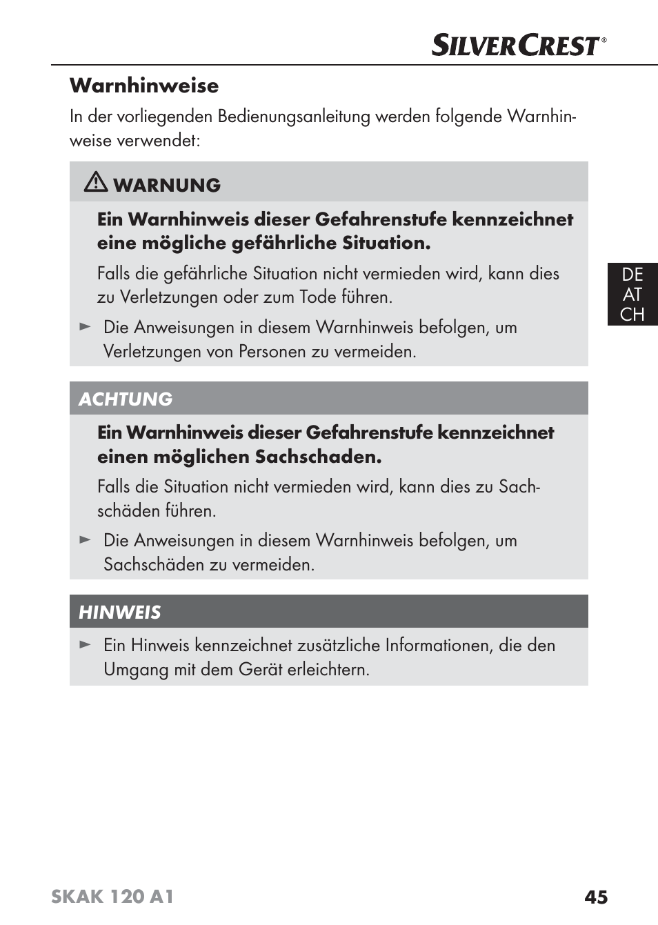 Warnhinweise | Silvercrest SKAK 120 A1 User Manual | Page 48 / 59