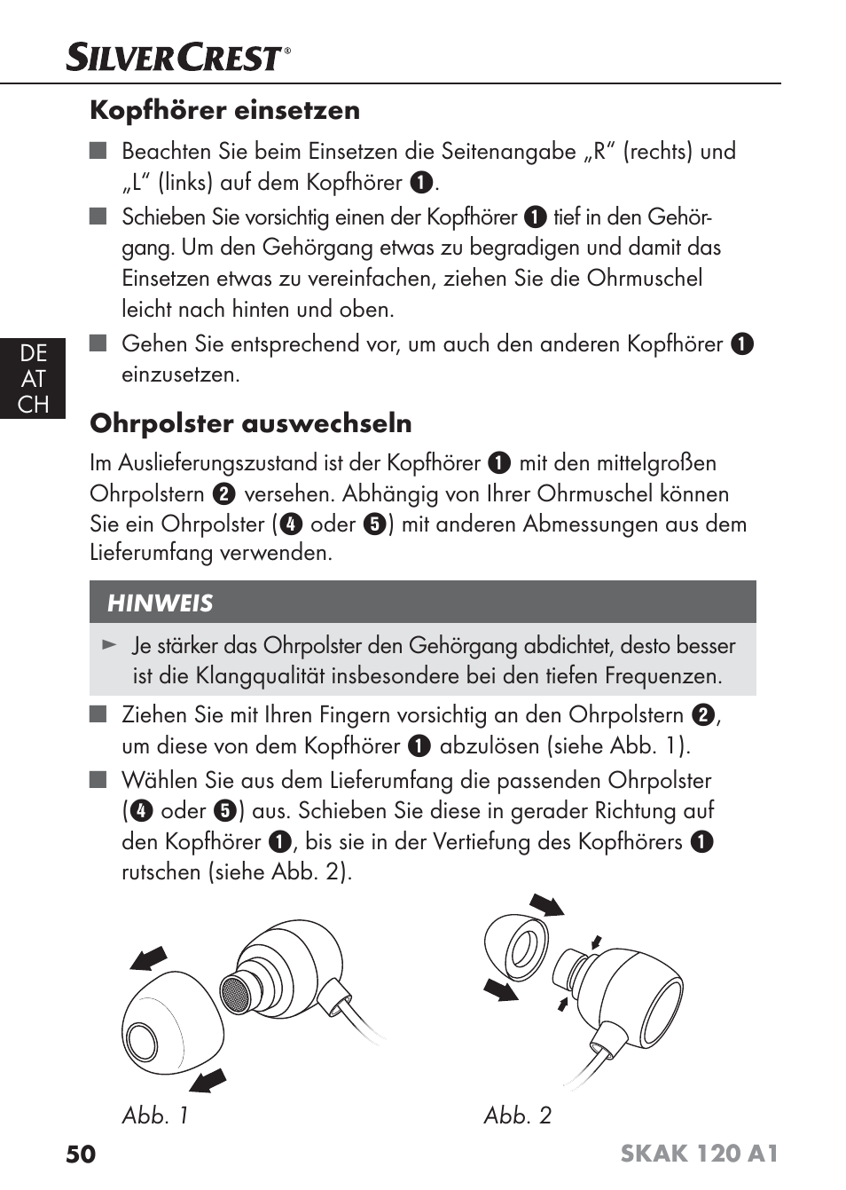 Kopfhörer einsetzen, Ohrpolster auswechseln | Silvercrest SKAK 120 A1 User Manual | Page 53 / 59