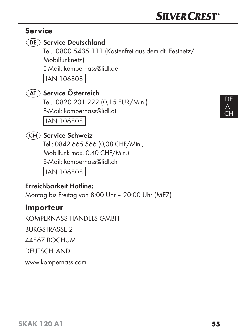 Service, Importeur | Silvercrest SKAK 120 A1 User Manual | Page 58 / 59