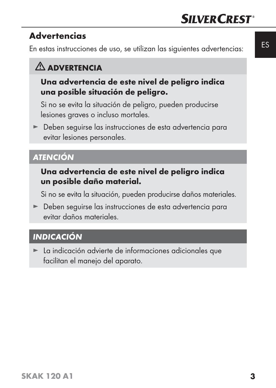 Advertencias | Silvercrest SKAK 120 A1 User Manual | Page 6 / 59