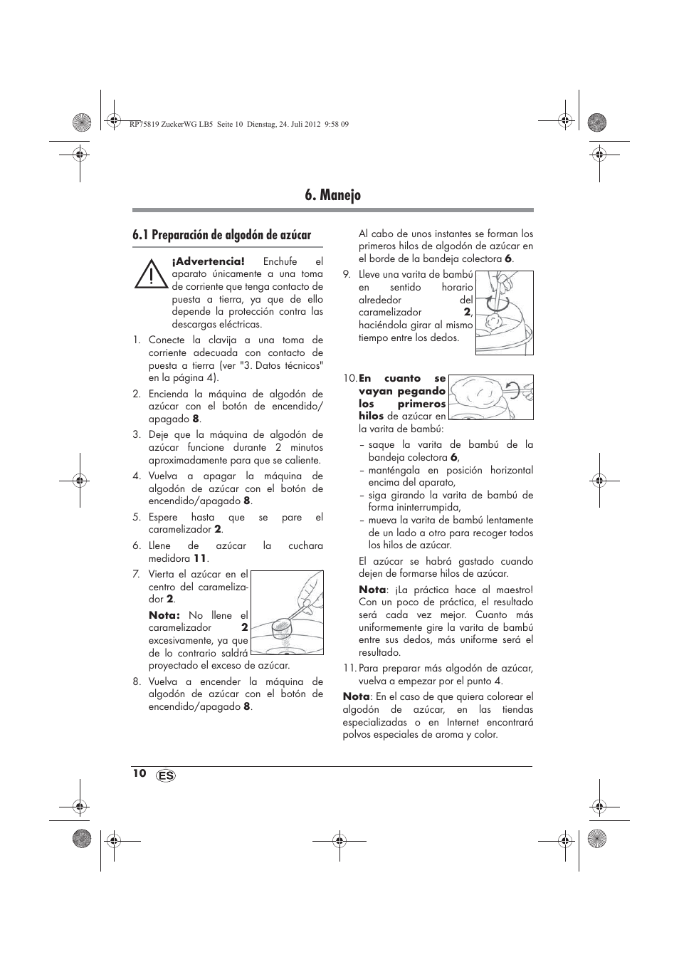 Manejo, 1 preparación de algodón de azúcar | Silvercrest SZW 400 A1 User Manual | Page 12 / 66