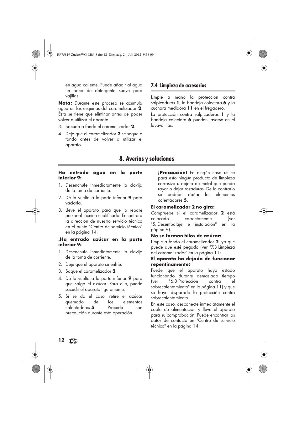 Averías y soluciones, 4 limpieza de accesorios | Silvercrest SZW 400 A1 User Manual | Page 14 / 66