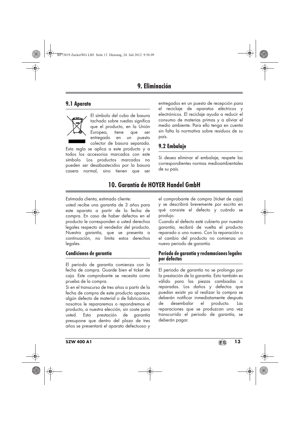 Eliminación, Garantía de hoyer handel gmbh | Silvercrest SZW 400 A1 User Manual | Page 15 / 66